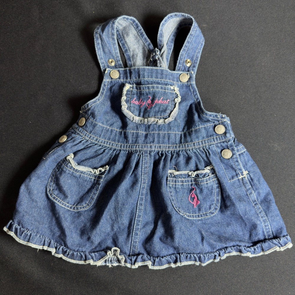 Baby Phat Girlz Denim Overall Dress Medium Wash Pink Logo Ruffle Trim 6-9 Months